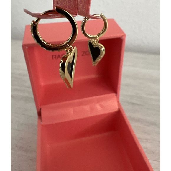 RACHEL ZOE STERLING SILVER GOLD TONE ONYX & CZ HEART HUGGIE EARRINGS~NIB! - Picture 8 of 11